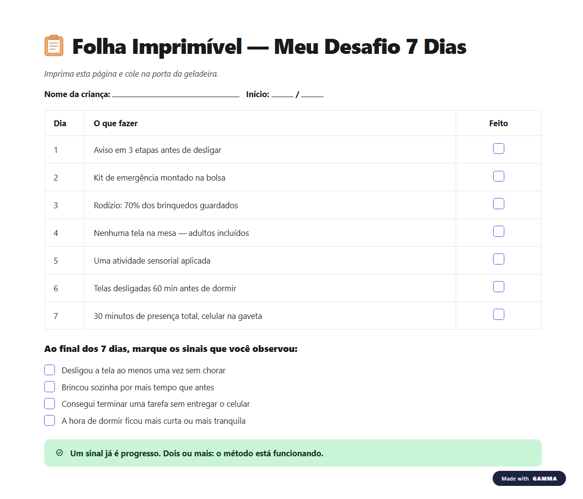Folha imprimível do Desafio 7 Dias, com tabela dos sete dias e os quatro sinais de progresso