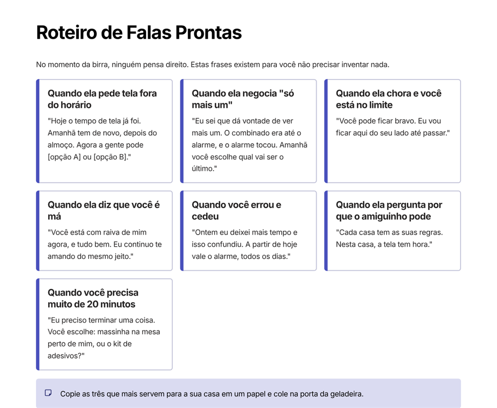 Página do guia com o Roteiro de Falas Prontas: sete frases para diferentes momentos da birra